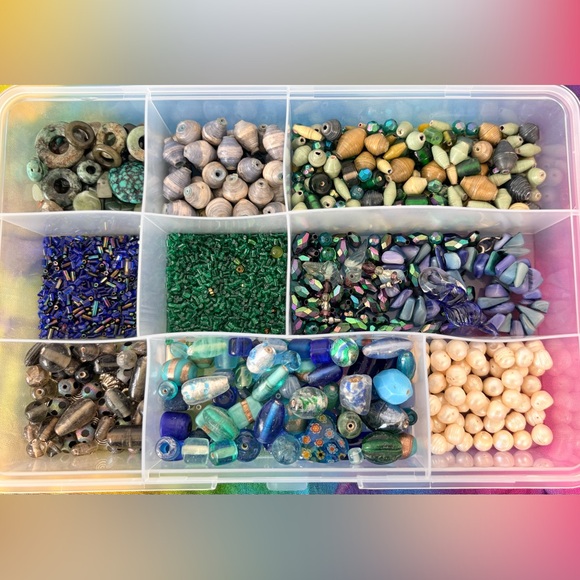 Assorted Beach Glass Beads, Blue, Green, Pearls, charms Crafting Jewelry Making